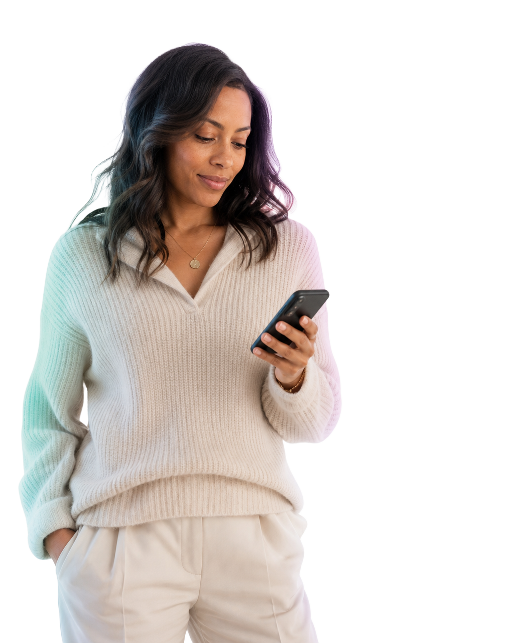 A person pausing to check an unknown contact on her phone before replying
