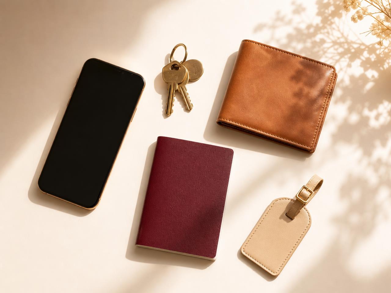 Phone, keys, wallet, passport and luggage tag laid out on a warm white surface